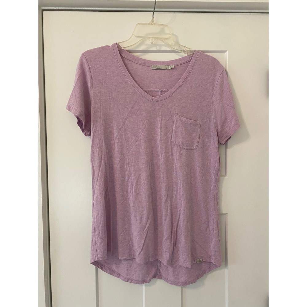 Prana Womens V-Neck Pocket T-Shirt Heathered Lavender Purple Short Sleeve Large